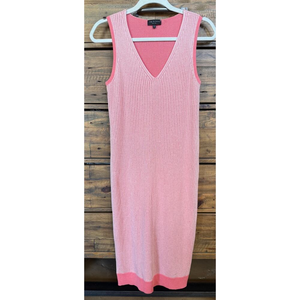 rag & bone Dress Womens Small Pink Ribbed Knit Sleeveless V Neck Sweater Dress